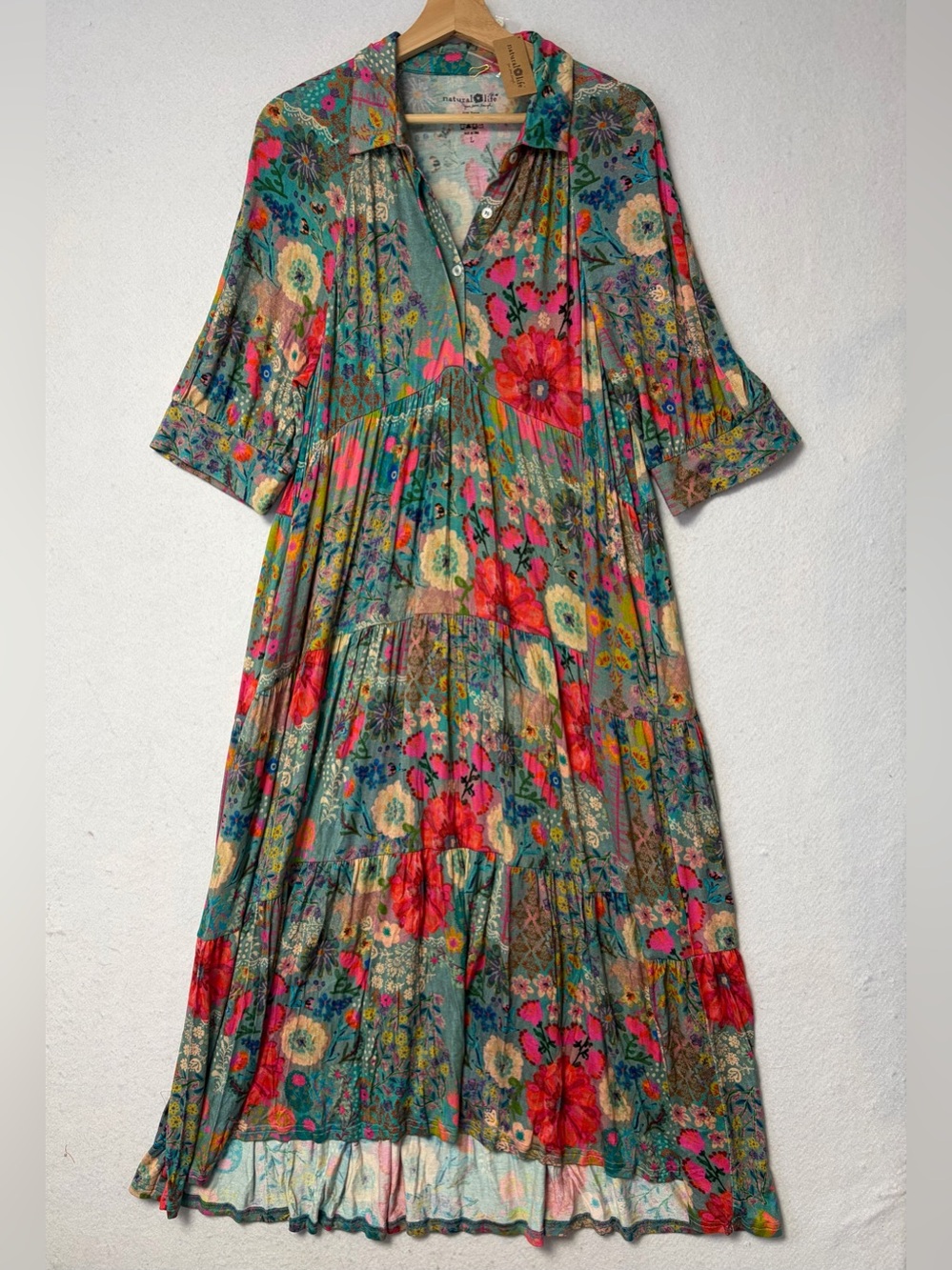 Natural Life Rebecca ButterSoft Blue Garden Patchwork Floral Midi Dress L NWT - Picture 5 of 14